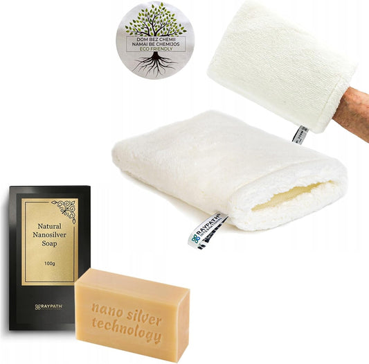 BRAIDER RAYPATH UNIVERSAL CLEANING SET - Cleaning Glove White M + Grey Soap, Eco, Nanosilver, CHEMICAL-FREE, Eco Cloth with Nanosilver, Wipe, Cleaning Cloth, Non-Microfibe, Vegan Friendly