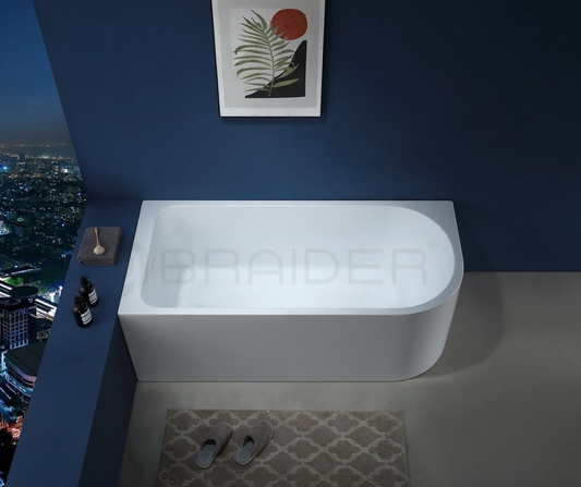BRAIDER RESTIA Single Ended J Shape Back to Wall Corner Bathtub Acrylic White Left Hand Side 1500 x 750 mm
