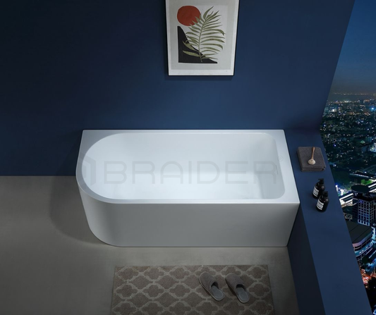 BRAIDER RESTIA Single Ended J Shape Back to Wall Corner Bathtub Acrylic White Right Hand Side 1500 x 750 mm