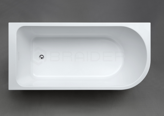 A white rectangular freestanding bathtub shown from a top-down angle. Corner bath, J Shaped