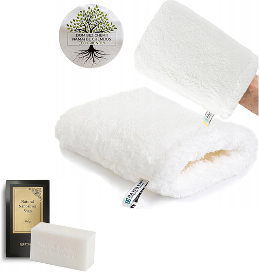 BRAIDER RAYPATH UNIVERSAL CLEANING SET - Cleaning Glove White Nova M + White Soap, Eco, Nanosilver, CHEMICAL-FREE, Eco Cloth with Nanosilver, Wipe, Cleaning Cloth, Non-Microfibe, Vegan Friendly