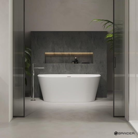 BRAIDER RESTIA Freestanding Bathtub Back to Wall Acrylic White D Shape 1400 x 730 mm