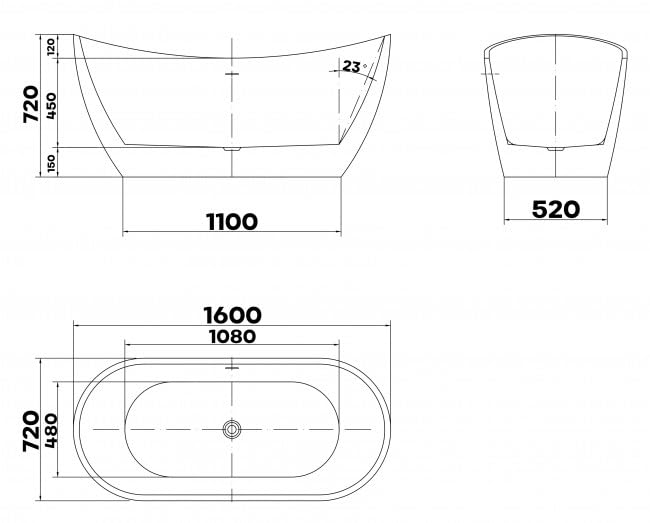 BRAIDER SALANEA Freestanding Double Ended Bathtub Acrylic White 1600 x 720 mm