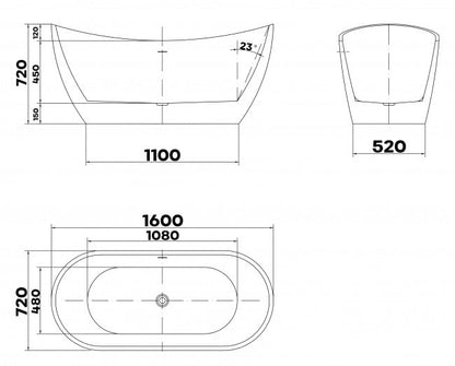BRAIDER SALANEA Freestanding Double Ended Bathtub Acrylic White 1600 x 720 mm
