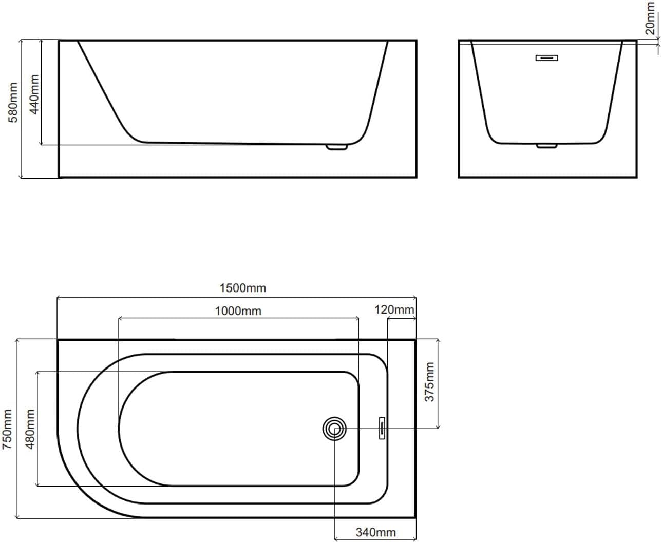 BRAIDER RESTIA Single Ended J Shape Back to Wall Corner Bathtub Acrylic White Right Hand Side 1500 x 750 mm
