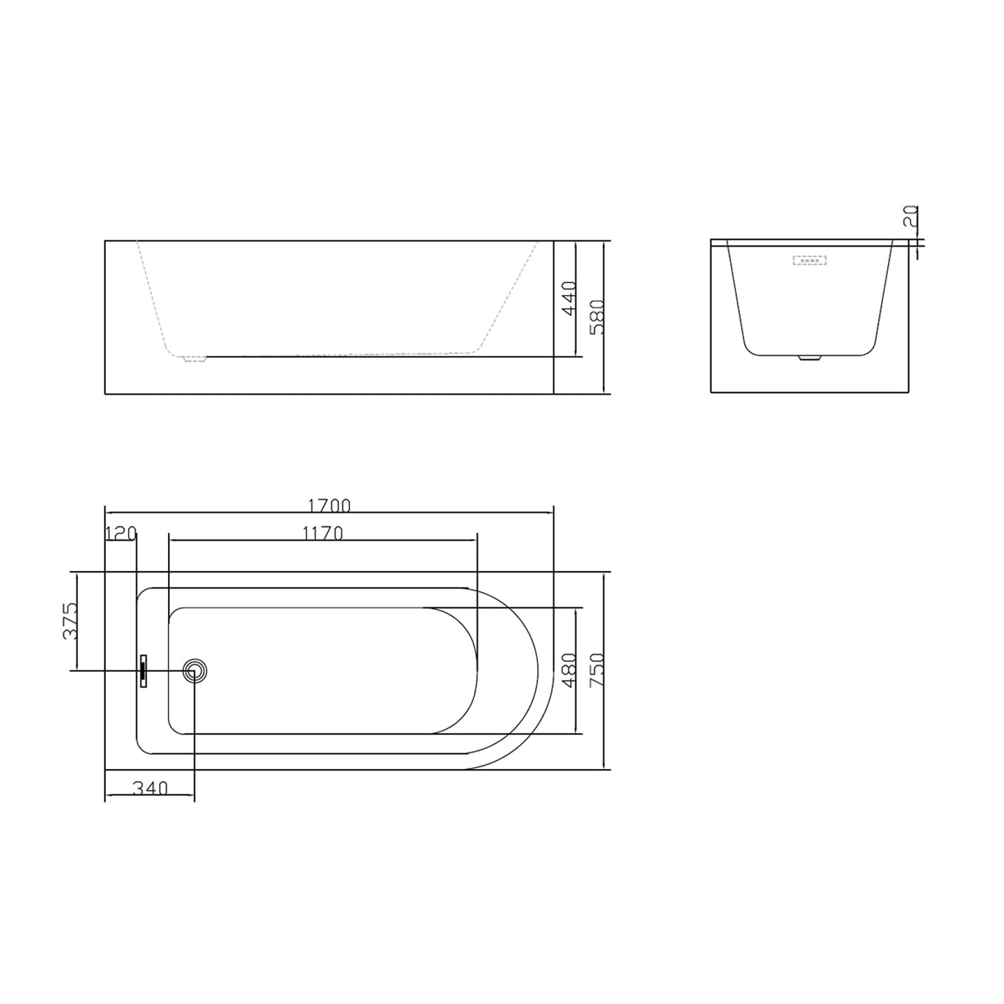 BRAIDER RESTIA Single Ended J Shape Back to Wall Corner Bathtub Acrylic White Left Hand Side 1700 x 750 mm