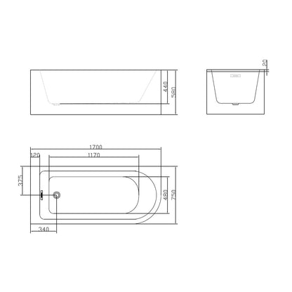 BRAIDER RESTIA Single Ended J Shape Back to Wall Corner Bathtub Acrylic White Left Hand Side 1700 x 750 mm