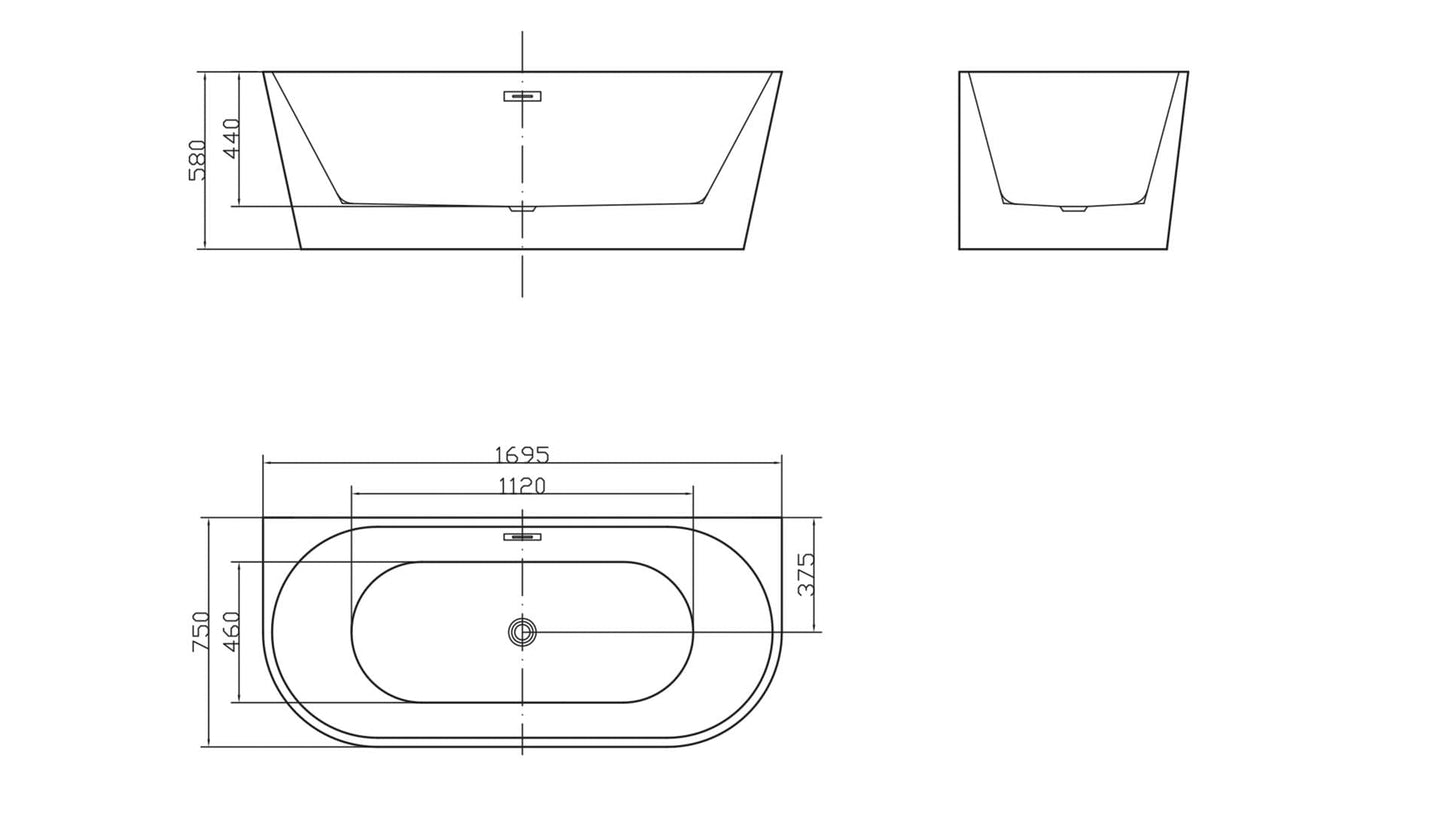 BRAIDER RESTIA Freestanding Bathtub Back to Wall Acrylic White D Shape 1700 x 750 mm