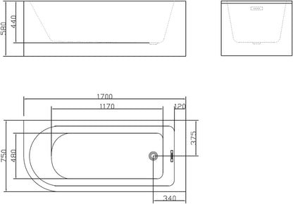 BRAIDER RESTIA Single Ended J Shape Back to Wall Corner Bathtub Acrylic White Right Hand Side 1700 x 750 mm