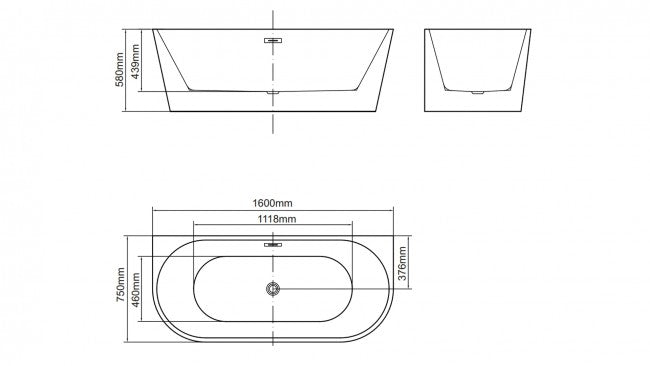 Technical drawing of a freestanding  bathtub with dimensions on a white background. Cannea 1600