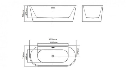 Technical drawing of a freestanding  bathtub with dimensions on a white background. Cannea 1600