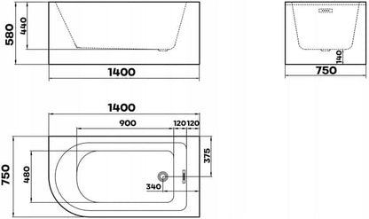 BRAIDER RESTIA Single Ended J Shape Back to Wall Corner Bathtub Acrylic White Right Hand Side 1400 x 750 mm