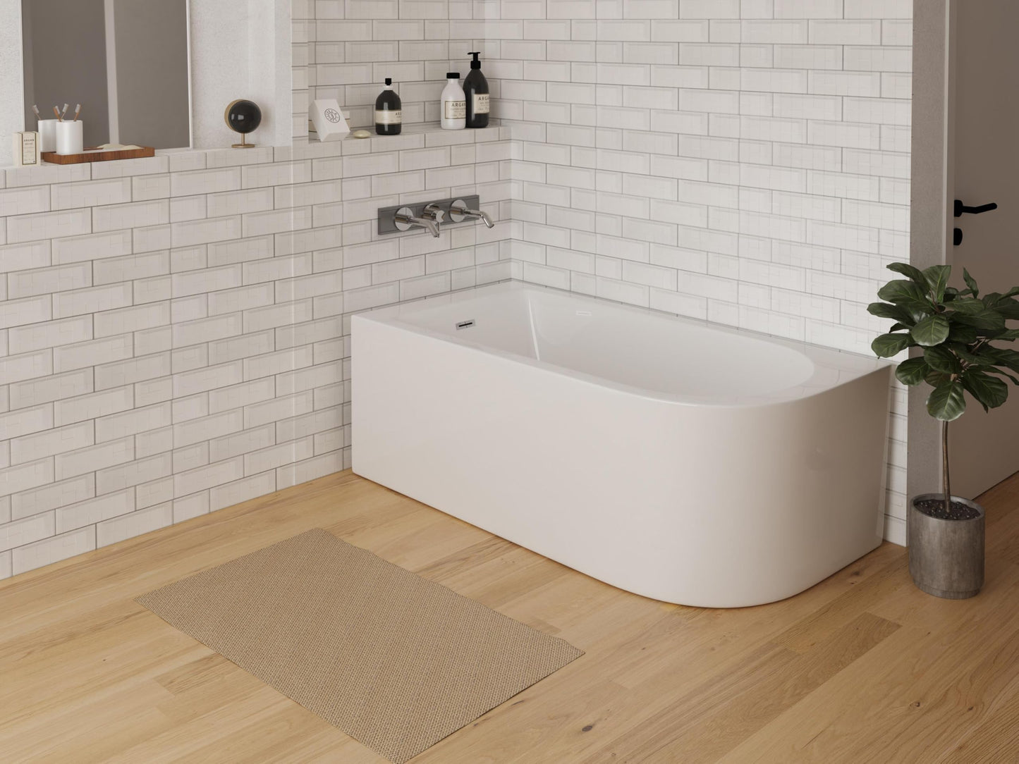BRAIDER RESTIA Single Ended J Shape Back to Wall Corner Bathtub Acrylic White Left Hand Side 1400 x 750 mm