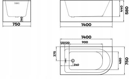 BRAIDER RESTIA Single Ended J Shape Back to Wall Corner Bathtub Acrylic White Left Hand Side 1400 x 750 mm