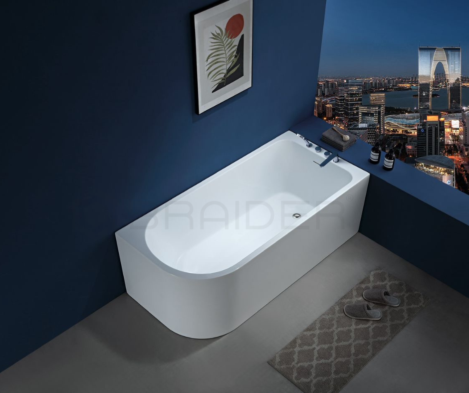 BRAIDER RESTIA Single Ended J Shape Back to Wall Corner Bathtub Acrylic White Right Hand Side 1400 x 750 mm