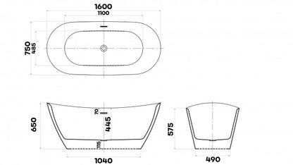 BRAIDER PUREA Freestanding Double Ended Bathtub Acrylic White 1600 x 750 mm