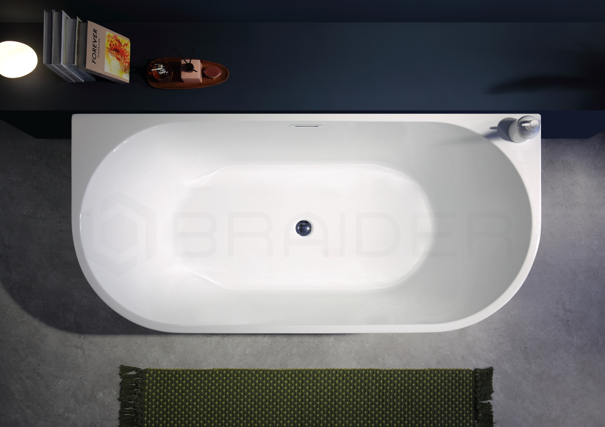 White freestanding bathtub in a bathroom setting, Back to wall bath, D Shaped in modern bathroom