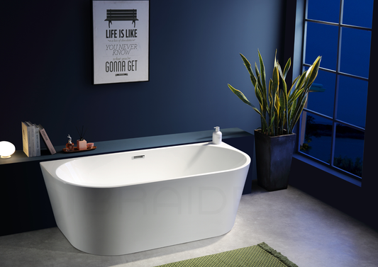 BRAIDER RESTIA Back to Wall Freestanding Bathtub – White Acrylic Bath in modern bathtoom