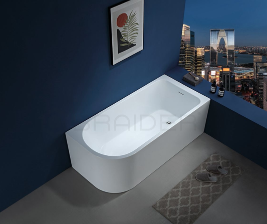 Modern bathroom with a white freestanding bathtub against a blue wall. Corner bath, J Shaped
