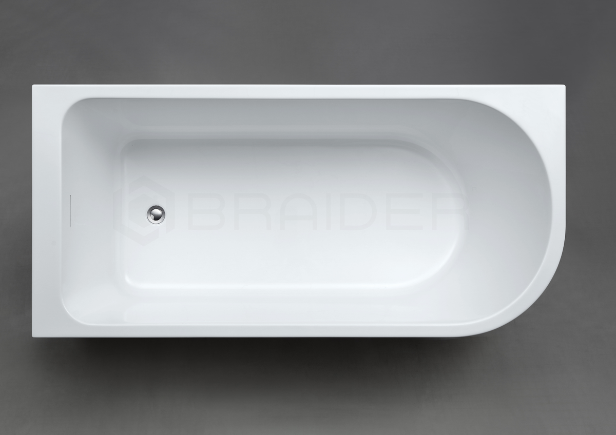 A white rectangular freestanding bathtub shown from a top-down angle. Corner bath, J Shaped 