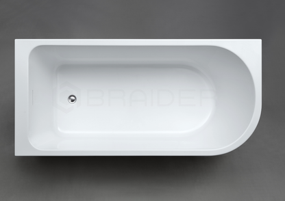 A white rectangular freestanding bathtub shown from a top-down angle. Corner bath, J Shaped 