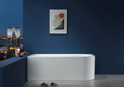 A modern freestanding oval bathtub in white, corner bath, J Shaped 
