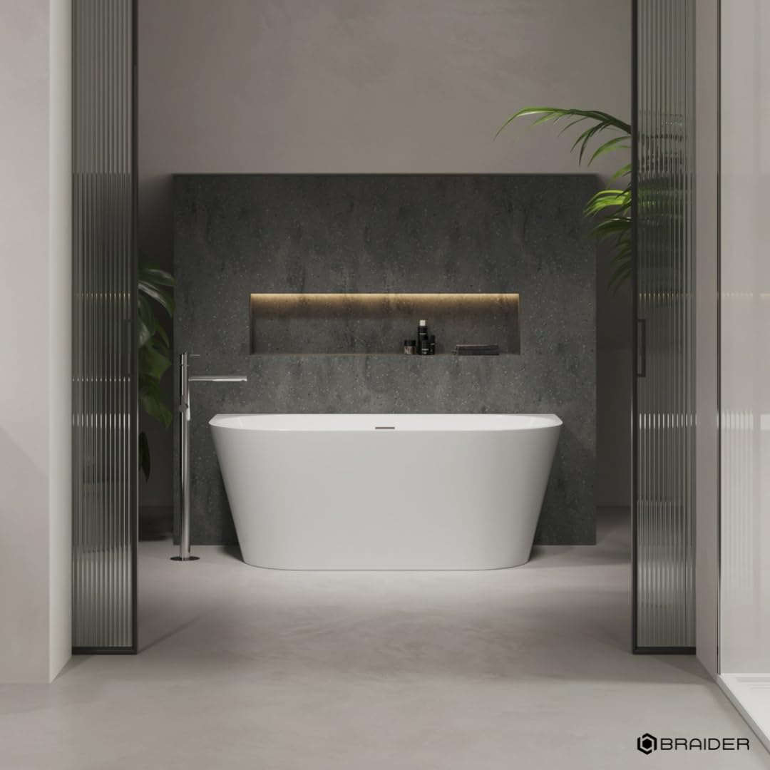 BRAIDER RESTIA Freestanding Bathtub Back to Wall Acrylic White D Shape 1600 x 750 mm