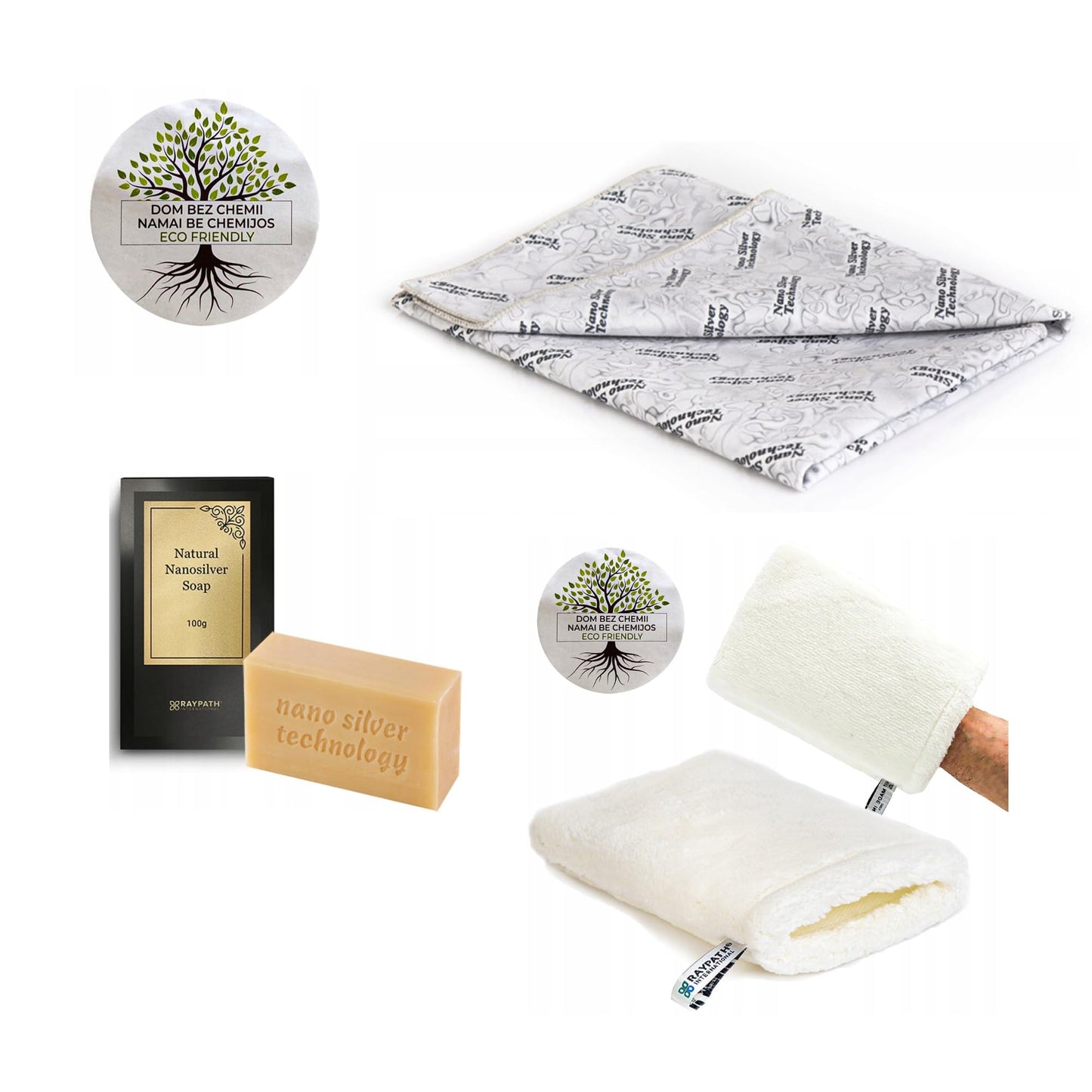 BRAIDER RAYPATH UNIVERSAL CLEANING SET - White Cleaning Glove M + Grey Sunbeam + Grey Soap, Eco, Nanosilver, CHEMICAL-FREE, Eco Cloth with Nanosilver, Wipe, Cleaning Cloth, Non-Microfibe
