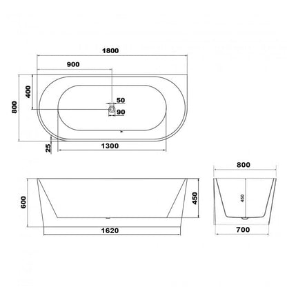 BRAIDER RESTIA Freestanding Bathtub Back to Wall Acrylic White D Shape 1800 x 750 mm