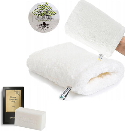 BRAIDER RAYPATH UNIVERSAL CLEANING SET - Cleaning Glove White Nova M + White Soap, Eco, Nanosilver, CHEMICAL-FREE, Eco Cloth with Nanosilver, Wipe, Cleaning Cloth, Non-Microfibe, Vegan Friendly