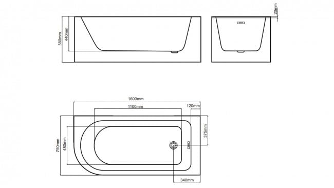 BRAIDER RESTIA Single Ended J Shape Back to Wall Corner Bathtub Acrylic White Right Hand Side 1600 x 750 mm