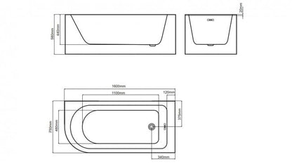 BRAIDER RESTIA Single Ended J Shape Back to Wall Corner Bathtub Acrylic White Right Hand Side 1600 x 750 mm