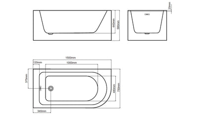 BRAIDER RESTIA Single Ended J Shape Back to Wall Corner Bathtub Acrylic White Left Hand Side 1500 x 750 mm